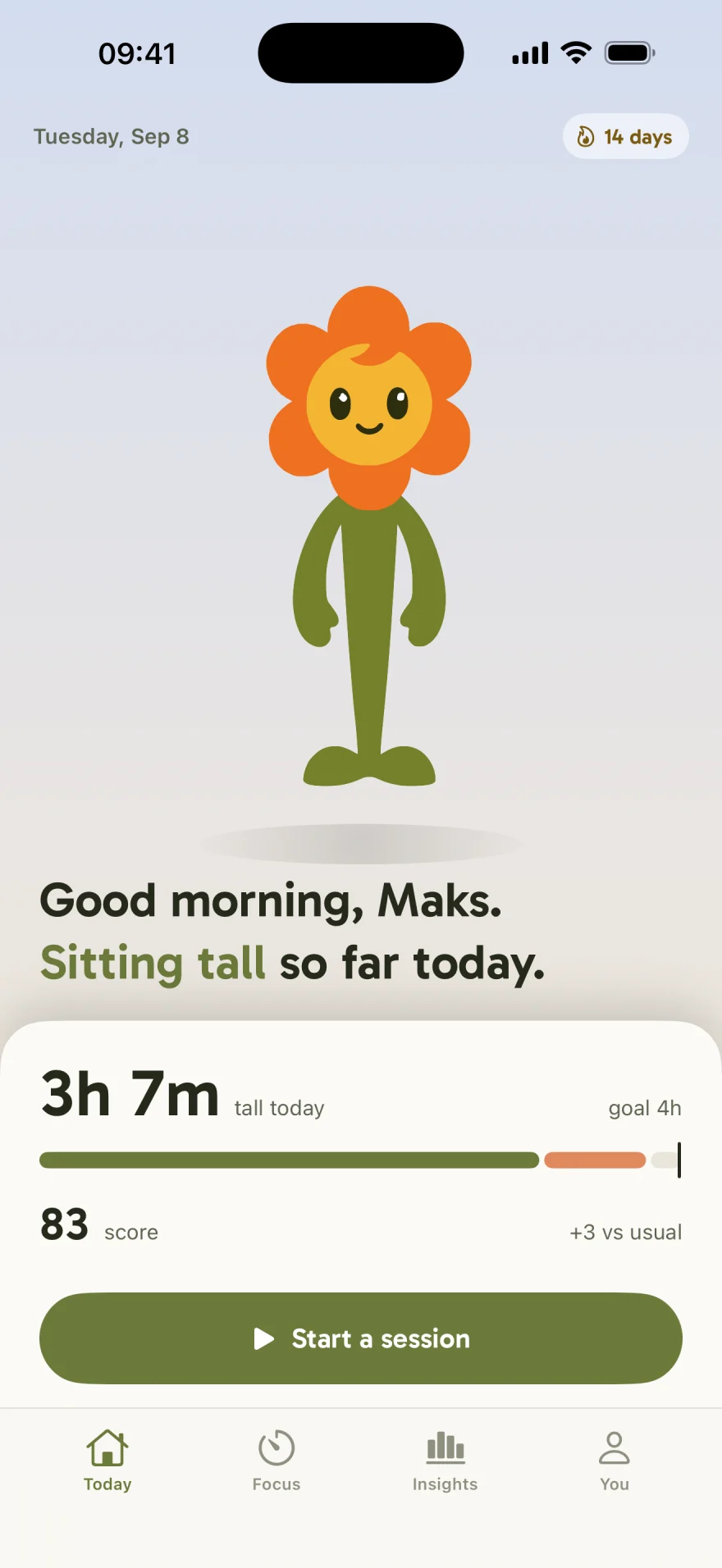 The Pillar Today screen: the flower mascot standing on a morning sky, three hours seven minutes tall today against a four-hour goal, a score of 83, and a Start a session button.